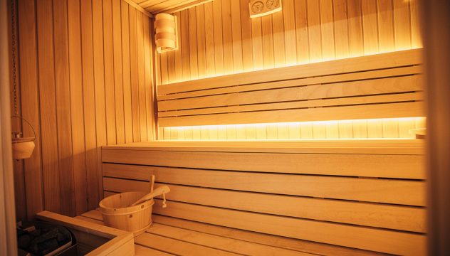 Inside of sauna in spa center, ready to receive guests.